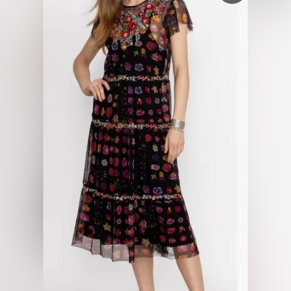 Johnny Was Black and Pink Tiered Midi Dress